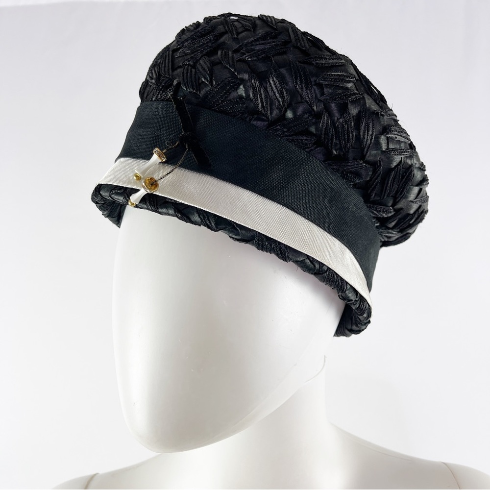 Vintage Mr. John Classic Black Woven Pillbox Style Hat with White Trim